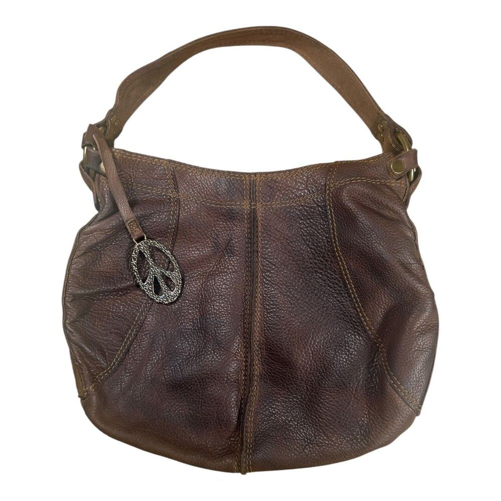 Lucky Brand Vintage Inspired Brown Leather Hobo Bag Peace Sign Charm